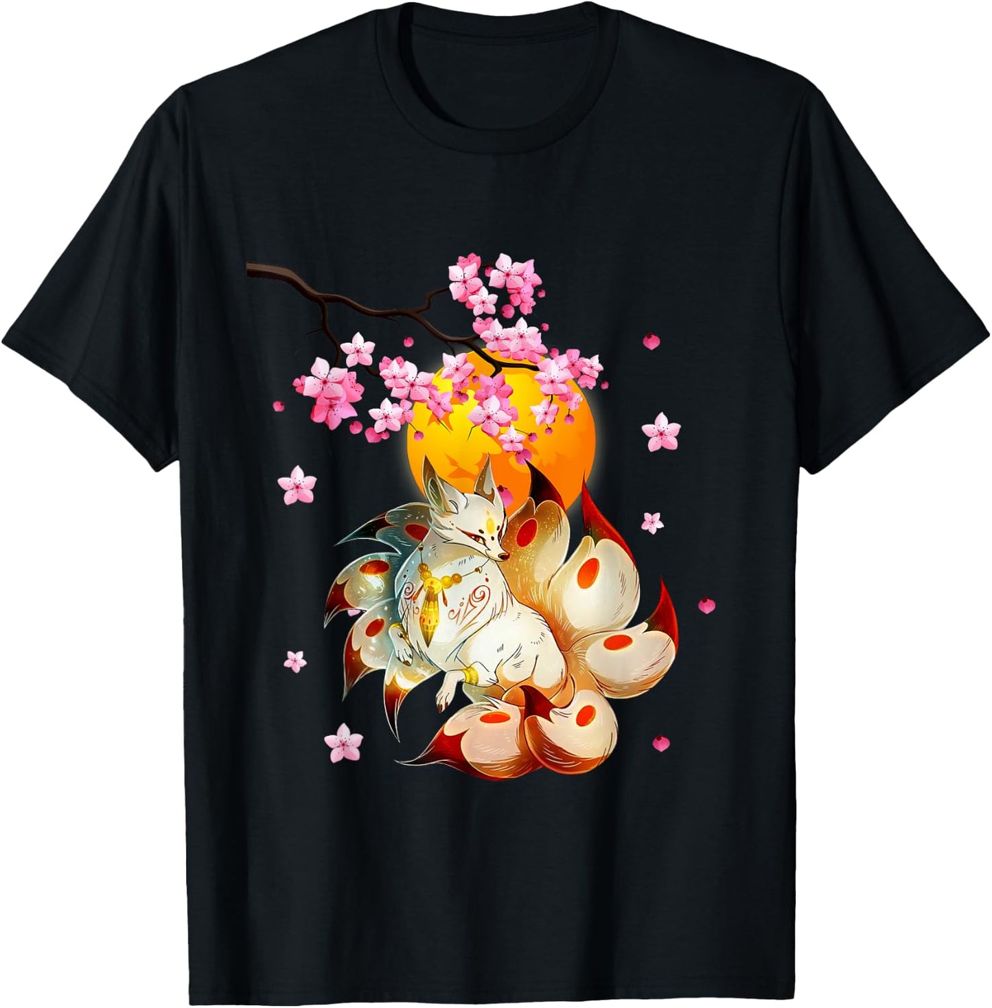 Kitsune-Fox Japanese Nine Tailed Fox-Cherry Blossom Flowers T-Shirt - T-Shirt | Black