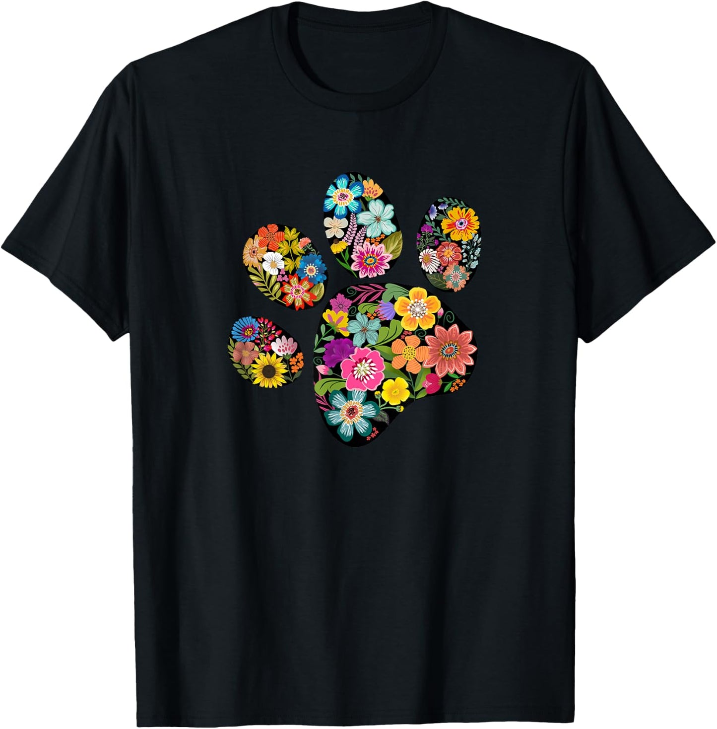Floral Paw Print Animal Lover T-Shirt - T-Shirt | Black