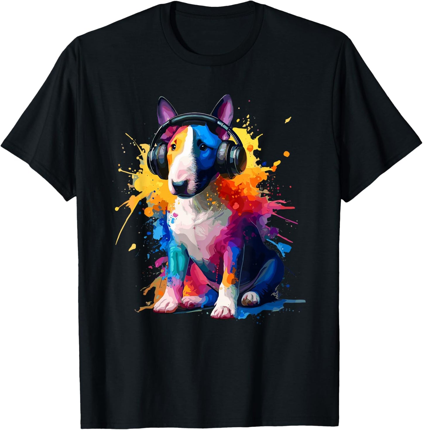 Splash Art Headphones Miniature Bull Terrier Mini Bull , Black, S T-Shirt - T-Shirt | Black