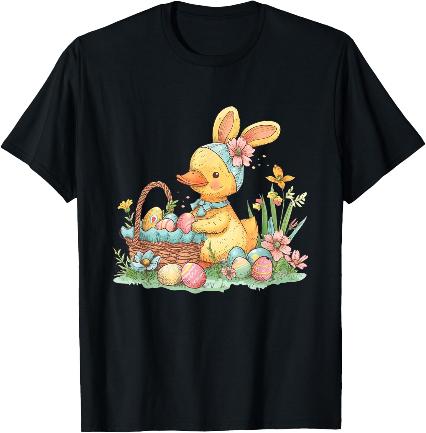 Easter Duck Easter Bunny Eggs Basket T-Shirt - T-Shirt | Black