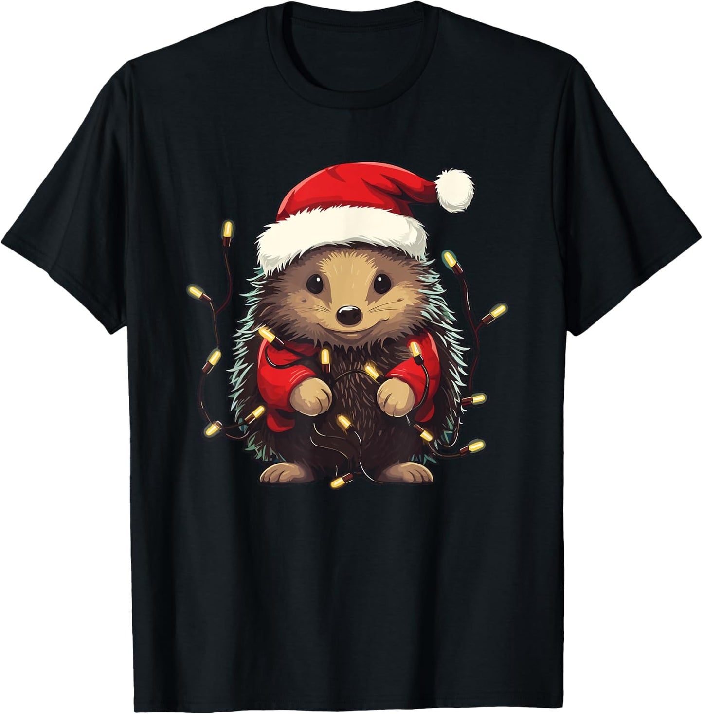 Cute Hedgehog Christmas Lights Santa Hat Xmas Pajama T-Shirt - T-Shirt | Black