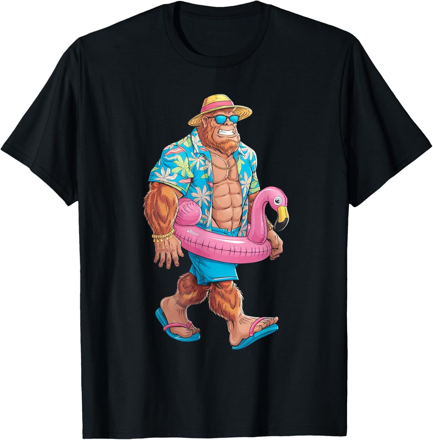 Hawaiian Bigfoot Sasquatch Pink Flamingo Pool Party Summer T-Shirt - T-Shirt | Black