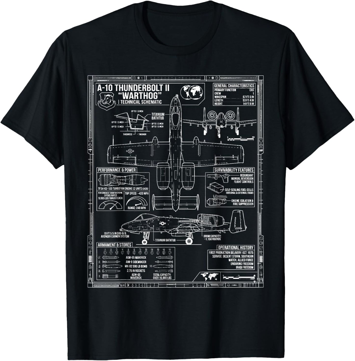 Detailed Blueprint Specs Military Jet A-10 Warthog T-Shirt - T-Shirt | Black