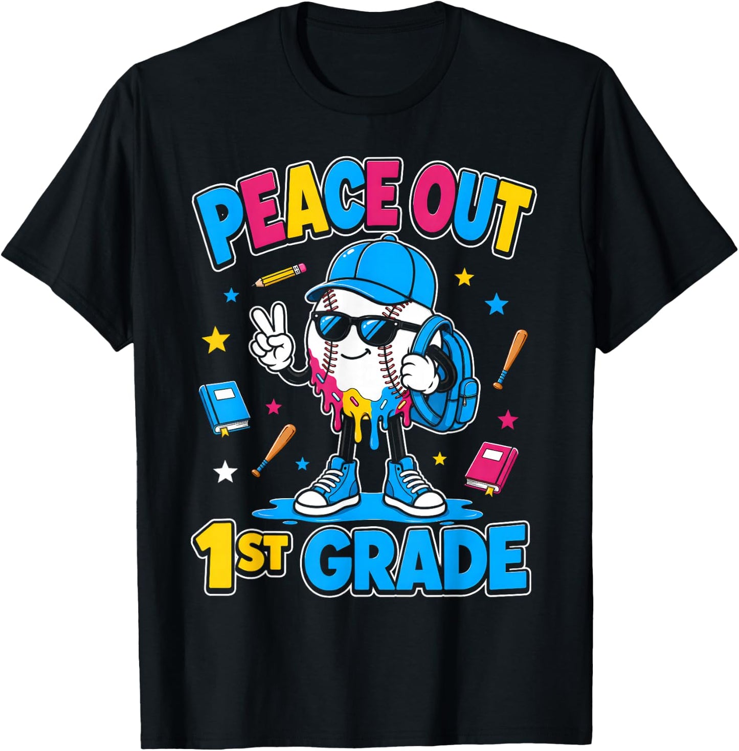 1st Grade Back to School Boys Baseball Ice Cream Drip T-Shirt - T-Shirt | Black
