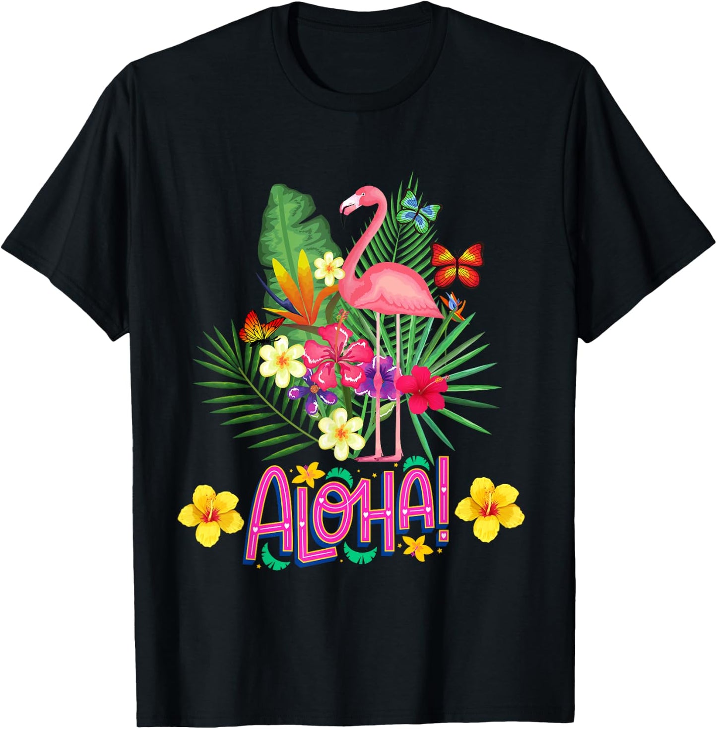 Aloha Flamingo Tropical Flowers and Butterflies , Black, S T-Shirt - T-Shirt | Black