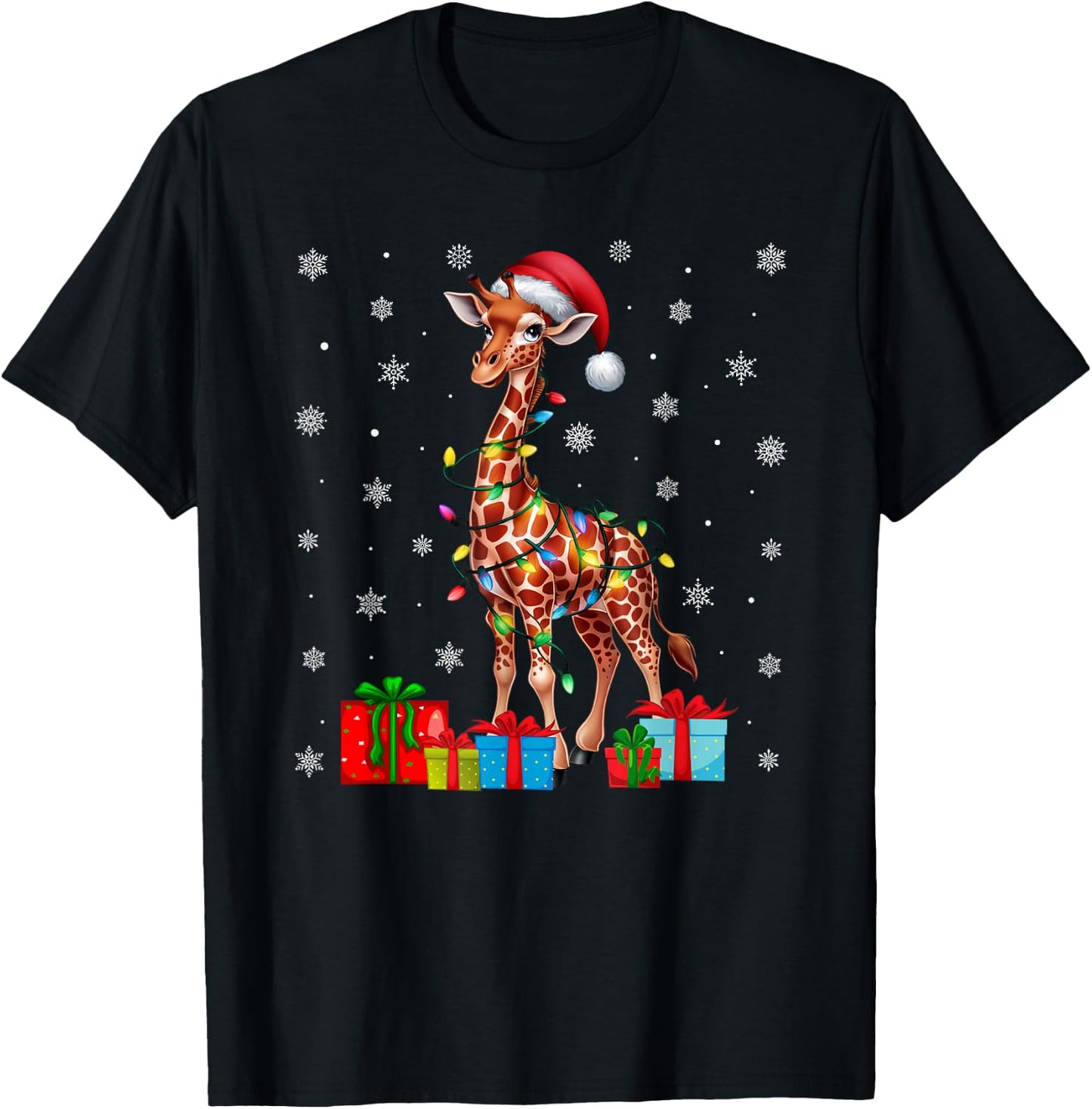 Giraffe Ugly Xmas Lights Santa Hat Giraffe Christmas T-Shirt - T-Shirt | Black