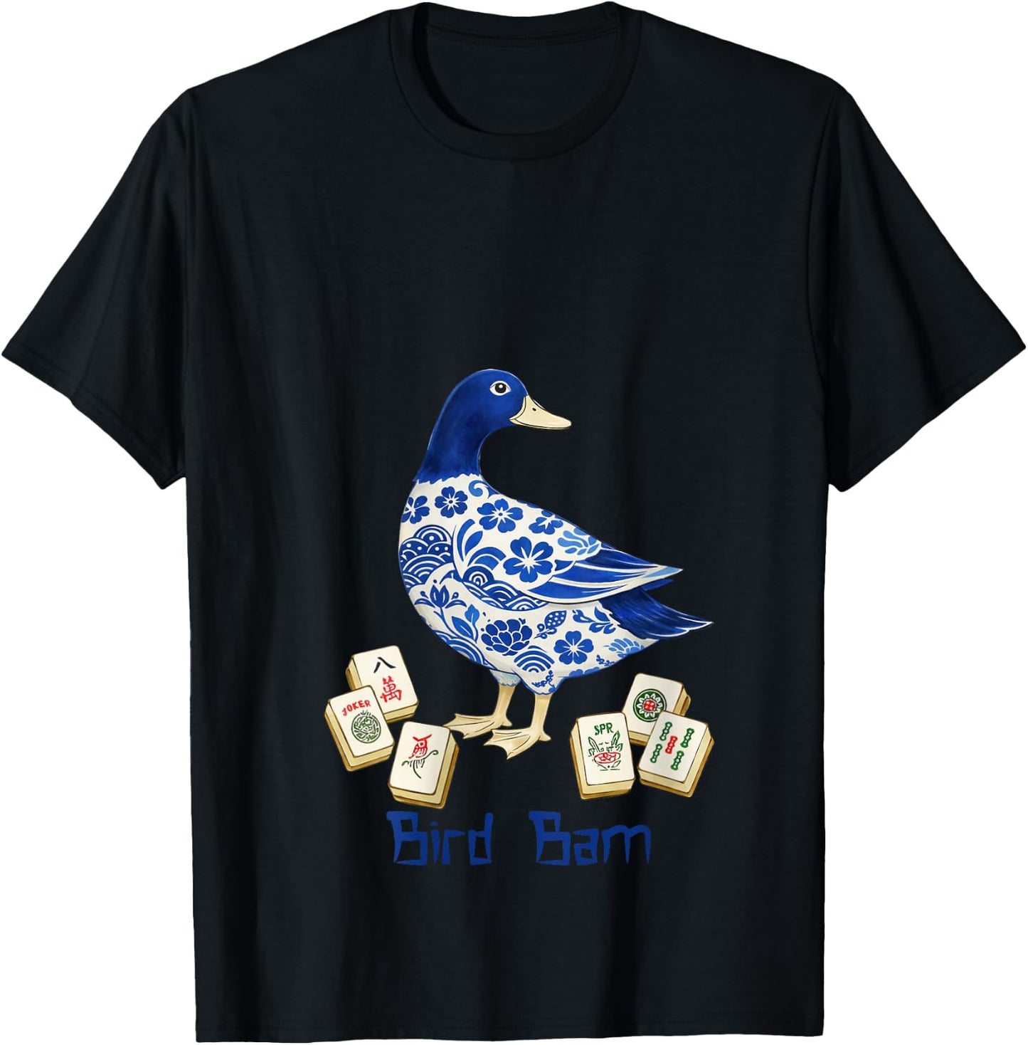 Women's Mahjong Lover Mahjong Player Mallard Duck Chinese Bird Bam V-Neck T-Shirt - T-Shirt | Black