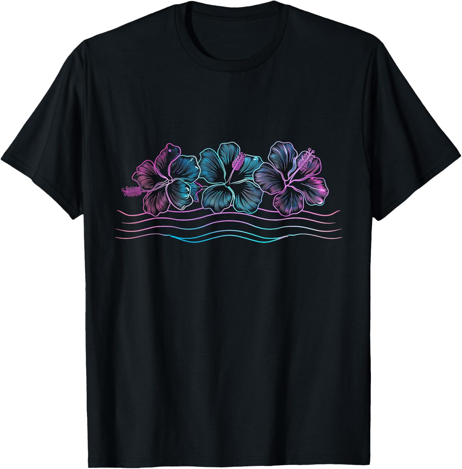 Hawaiian Hibiscus Flowers Retro Surfer T-Shirt - T-Shirt | Black