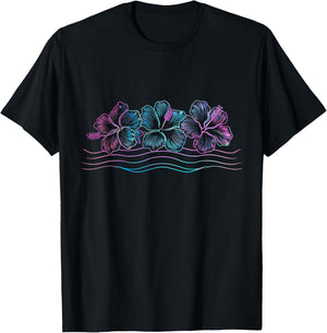 Hawaiian Hibiscus Flowers Retro Surfer T-Shirt - T-Shirt | Black