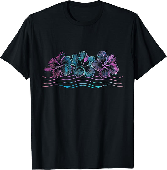 Hawaiian Hibiscus Flowers Retro Surfer T-Shirt - T-Shirt | Black
