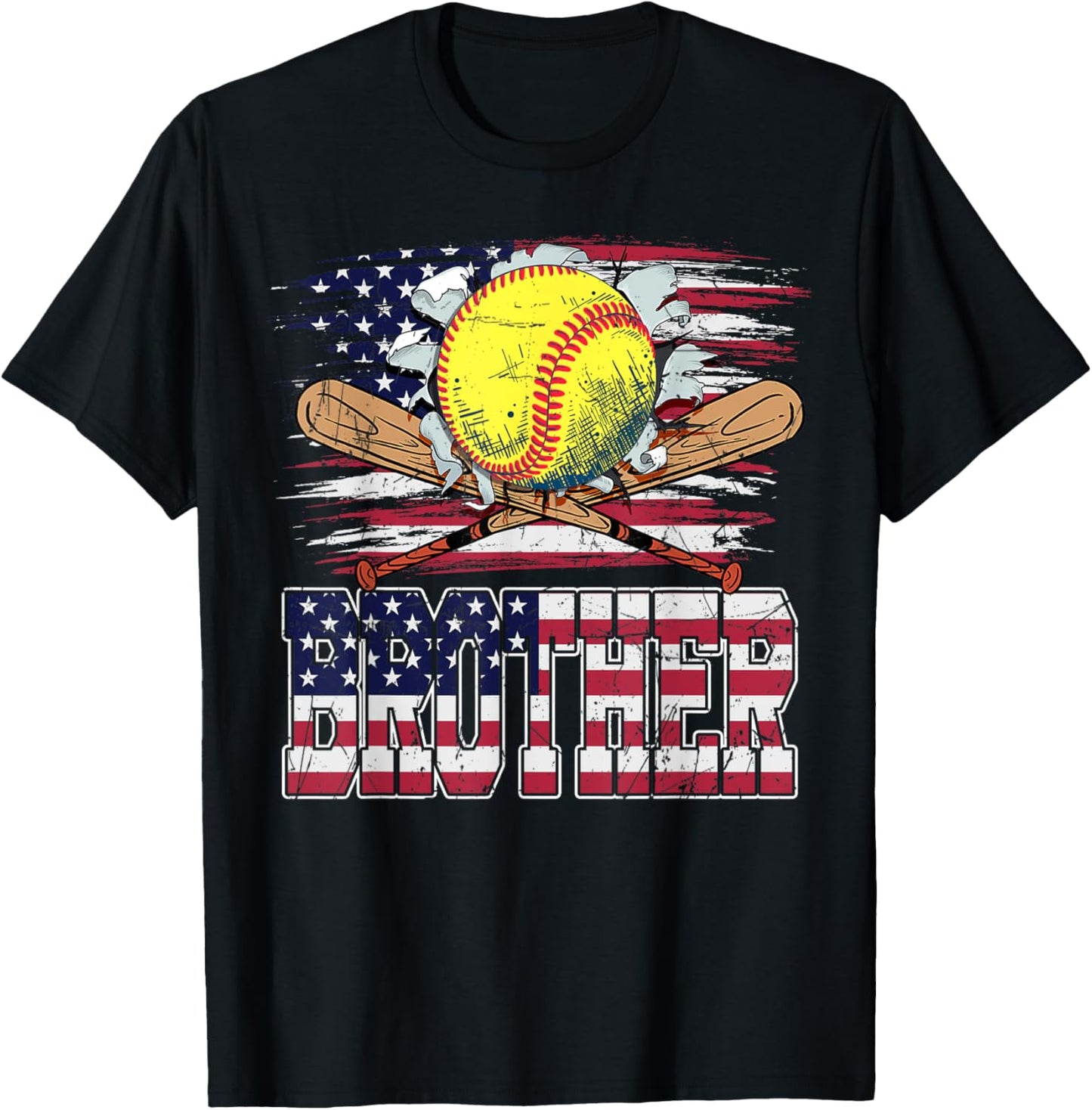 Softball Brother Vintage USA American Flag 4th Of July Women Kids Men T-Shirt - T-Shirt | Black