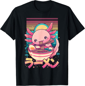 Anime Axolotl Eating Ramen Retro Kawaii Axolotl Ramen T-Shirt - T-Shirt | Black