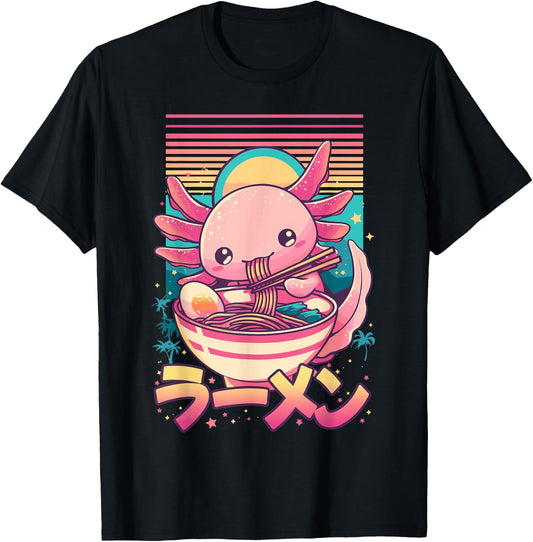 Anime Axolotl Eating Ramen Retro Kawaii Axolotl Ramen T-Shirt - T-Shirt | Black