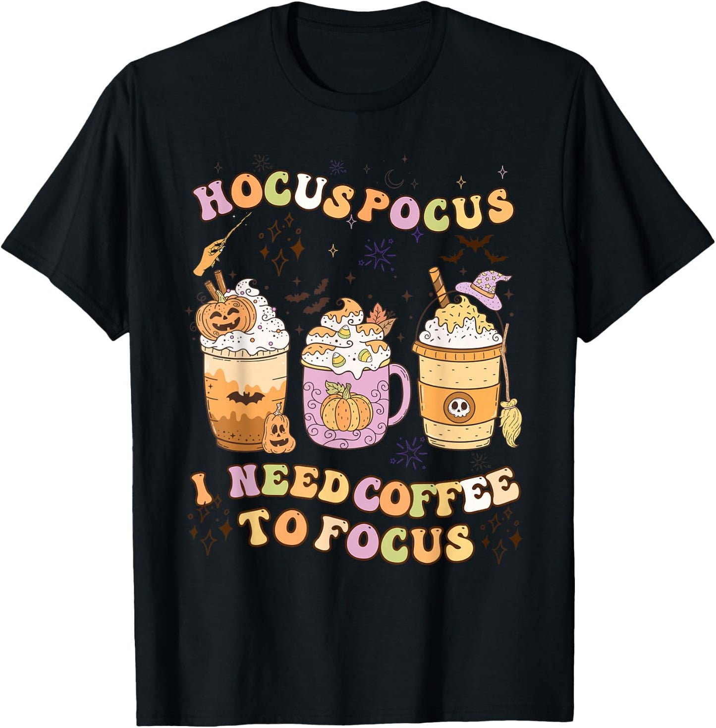 Halloween Groovy Hocus Pocus I Need Coffee To Focus T-Shirt - T-Shirt | Black