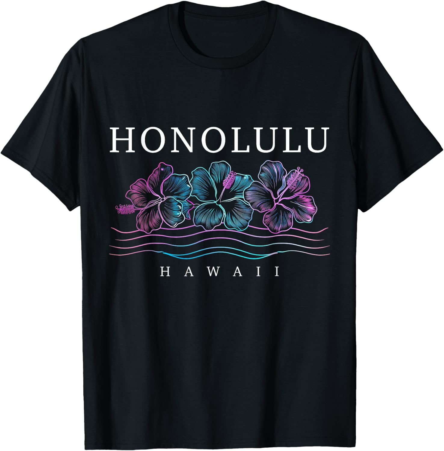 Honolulu Hawaii Hawaiian Hibiscus Flowers Surfer Souvenir T-Shirt - T-Shirt | Black