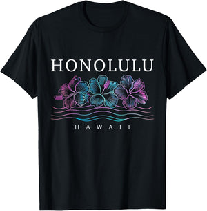Honolulu Hawaii Hawaiian Hibiscus Flowers Surfer Souvenir T-Shirt - T-Shirt | Black