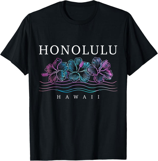 Honolulu Hawaii Hawaiian Hibiscus Flowers Surfer Souvenir T-Shirt - T-Shirt | Black