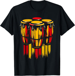 Vibrant Red Yellow Bongos Drums Graphic T-Shirt - T-Shirt | Black