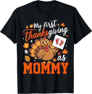 My First Thanksgiving As Mommy Fall Leaves Turkey Family Fun T-Shirt - T-Shirt | Black