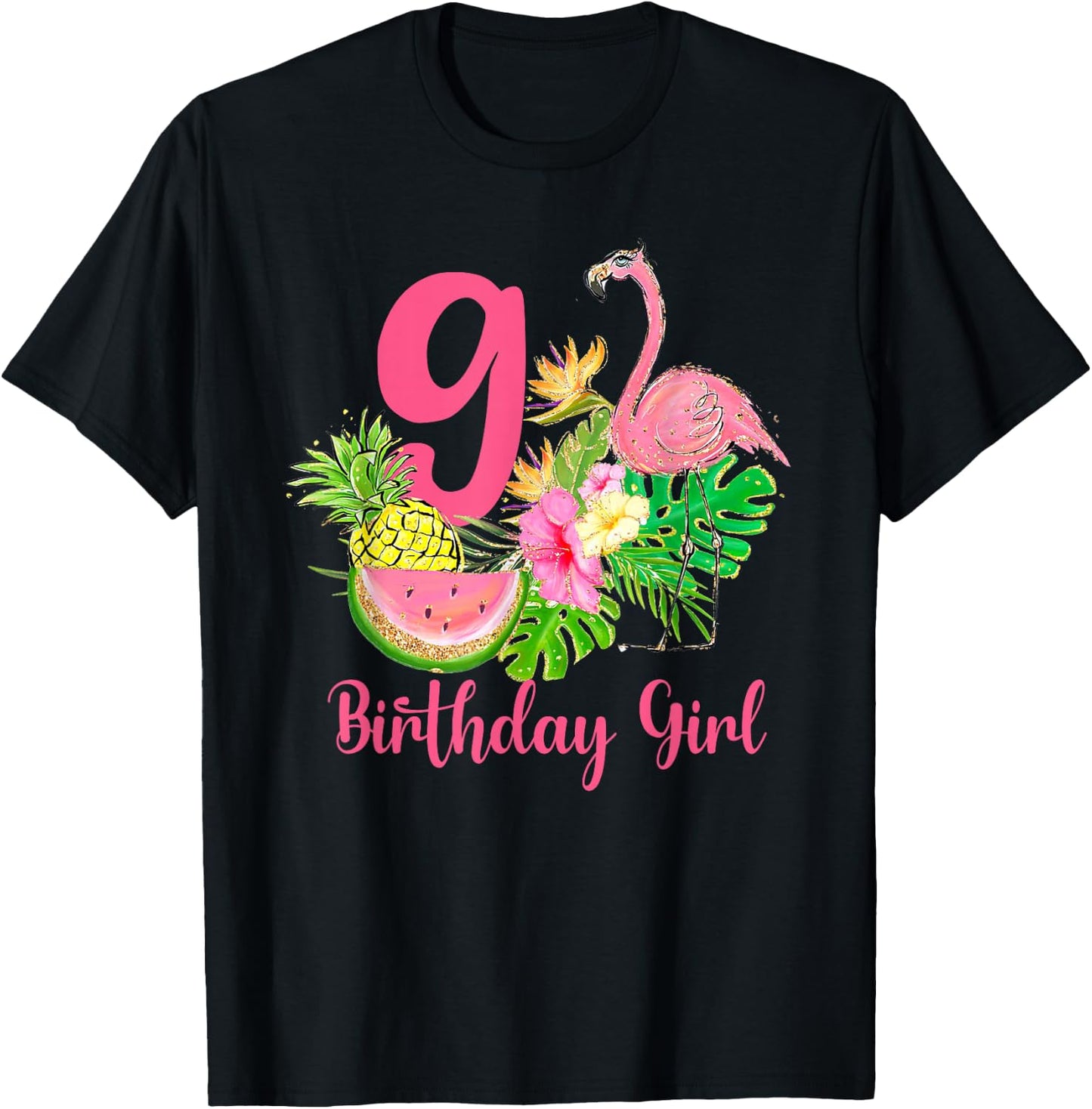 9th Birthday Tropical Flamingo Hawaii 9 Year Old Girl T-Shirt - T-Shirt | Black