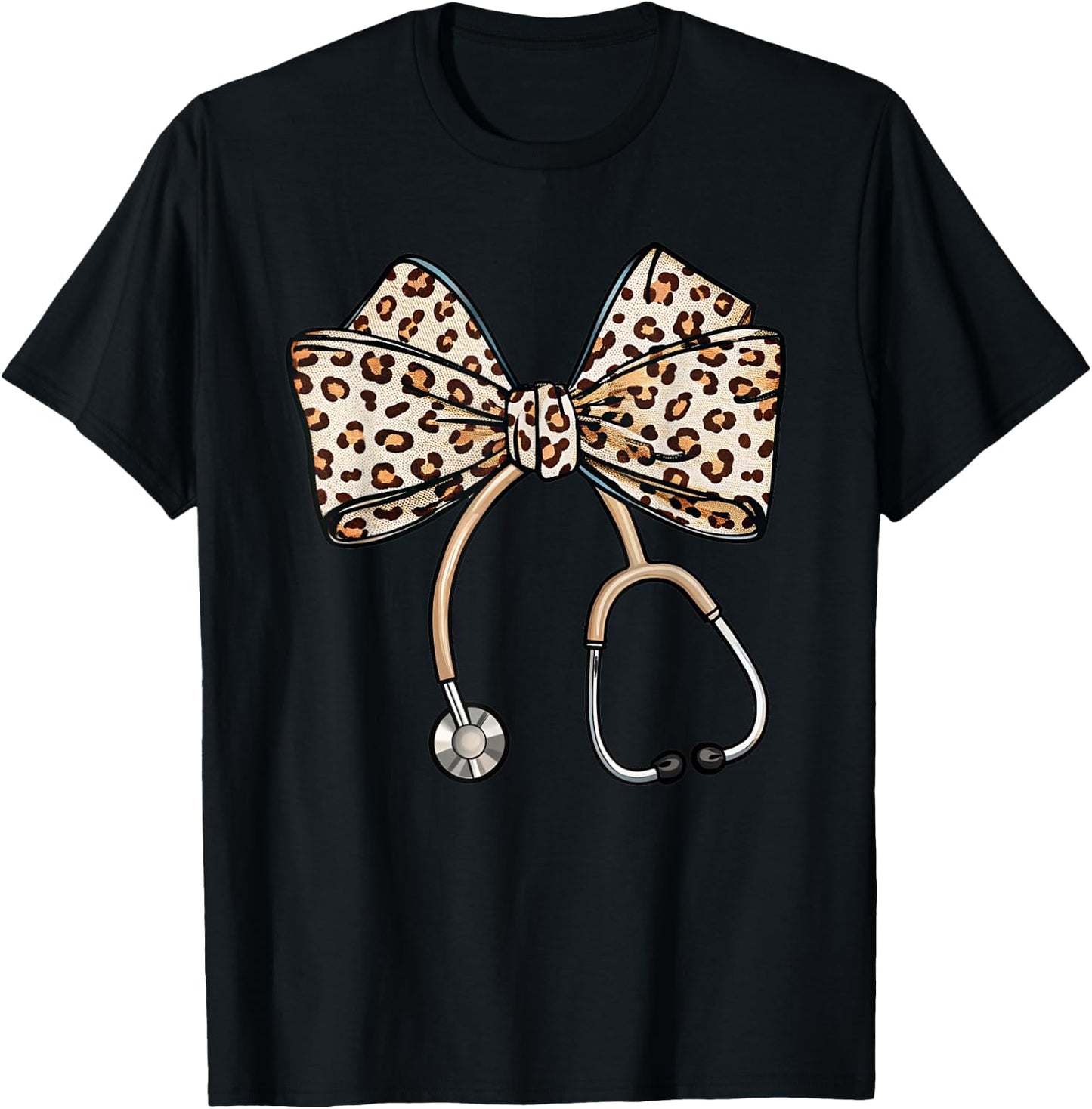 Coquette Nurse Stethoscope Leopard Coquette Bow Aesthetic T-Shirt - T-Shirt | Black