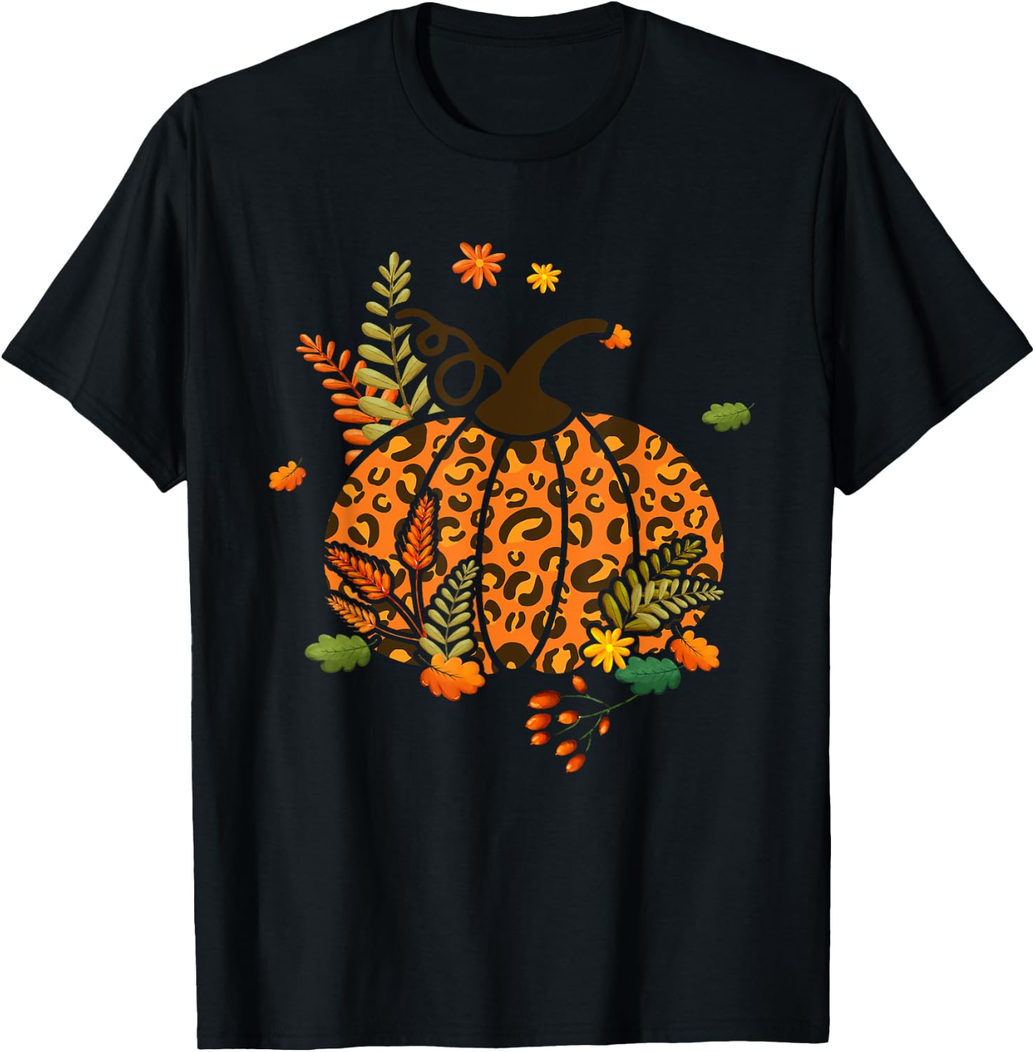 Leopard Print Pumpkin Halloween Fall Autumn Thanksgiving T-Shirt - T-Shirt | Black