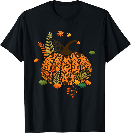 Leopard Print Pumpkin Halloween Fall Autumn Thanksgiving T-Shirt - T-Shirt | Black