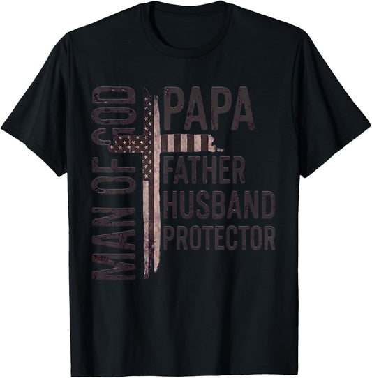 Man of God Papa Father Husband Protector Christian USA Cross T-Shirt - T-Shirt | Black