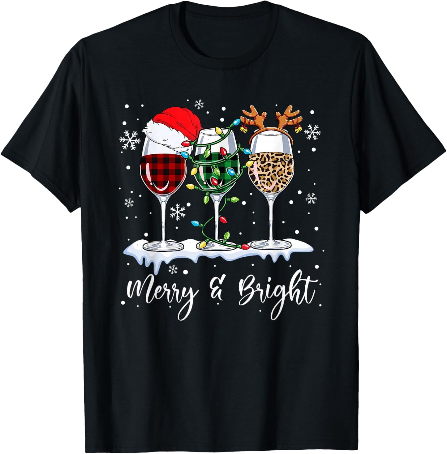 Three Wine Glasses Merry And Bright Christmas Wine Lover T-Shirt - T-Shirt | Black