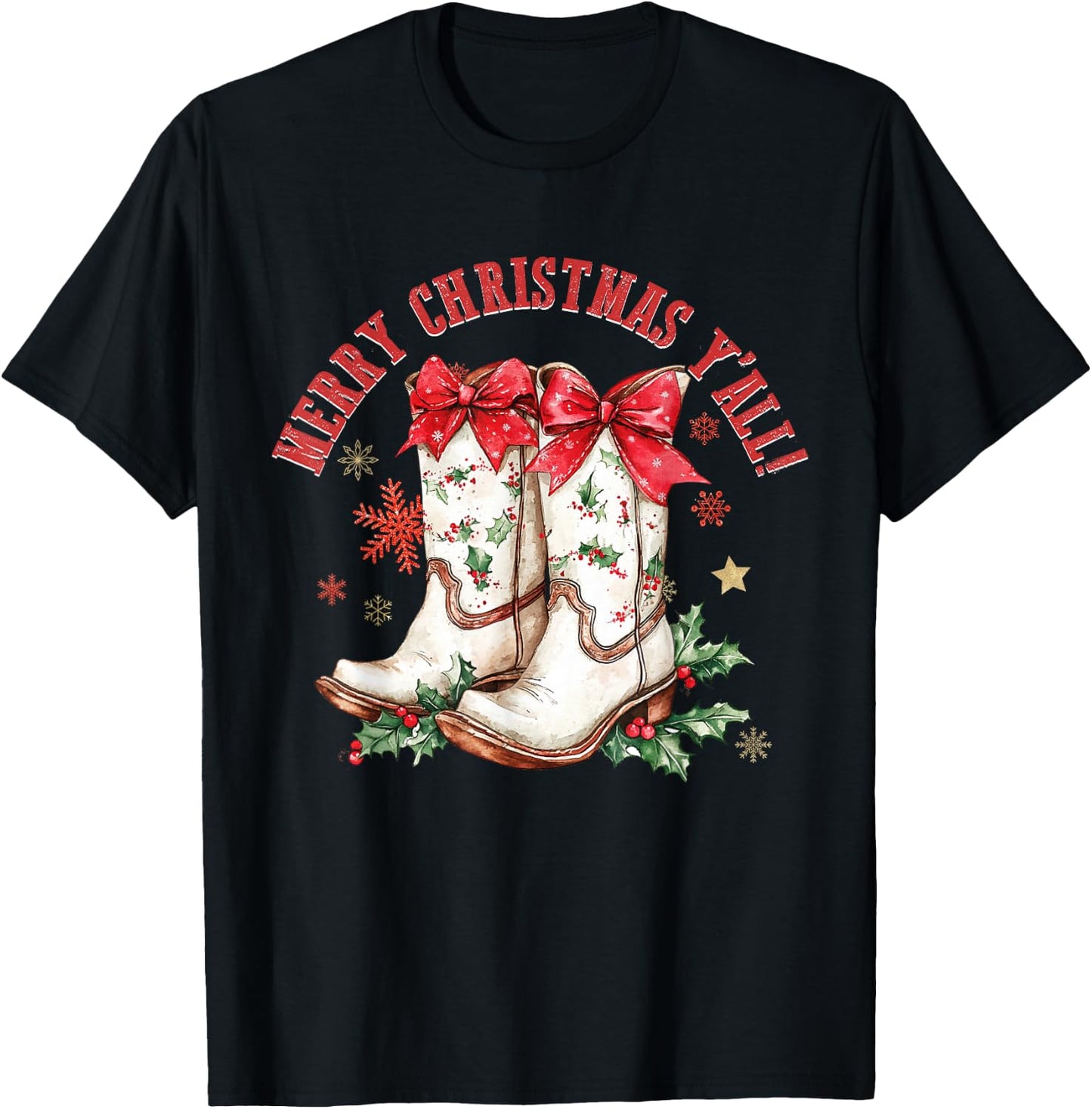 Merry Christmas Y'all Howdy Christmas Boots Cowgirl Coquette T-Shirt - T-Shirt | Black