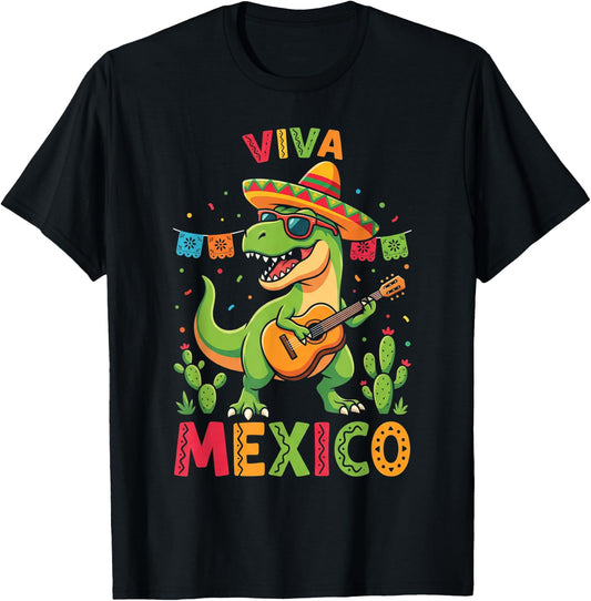 Viva Mexico Boy Dinosaur Mexican Independence Day Kids T-Shirt - T-Shirt | Black