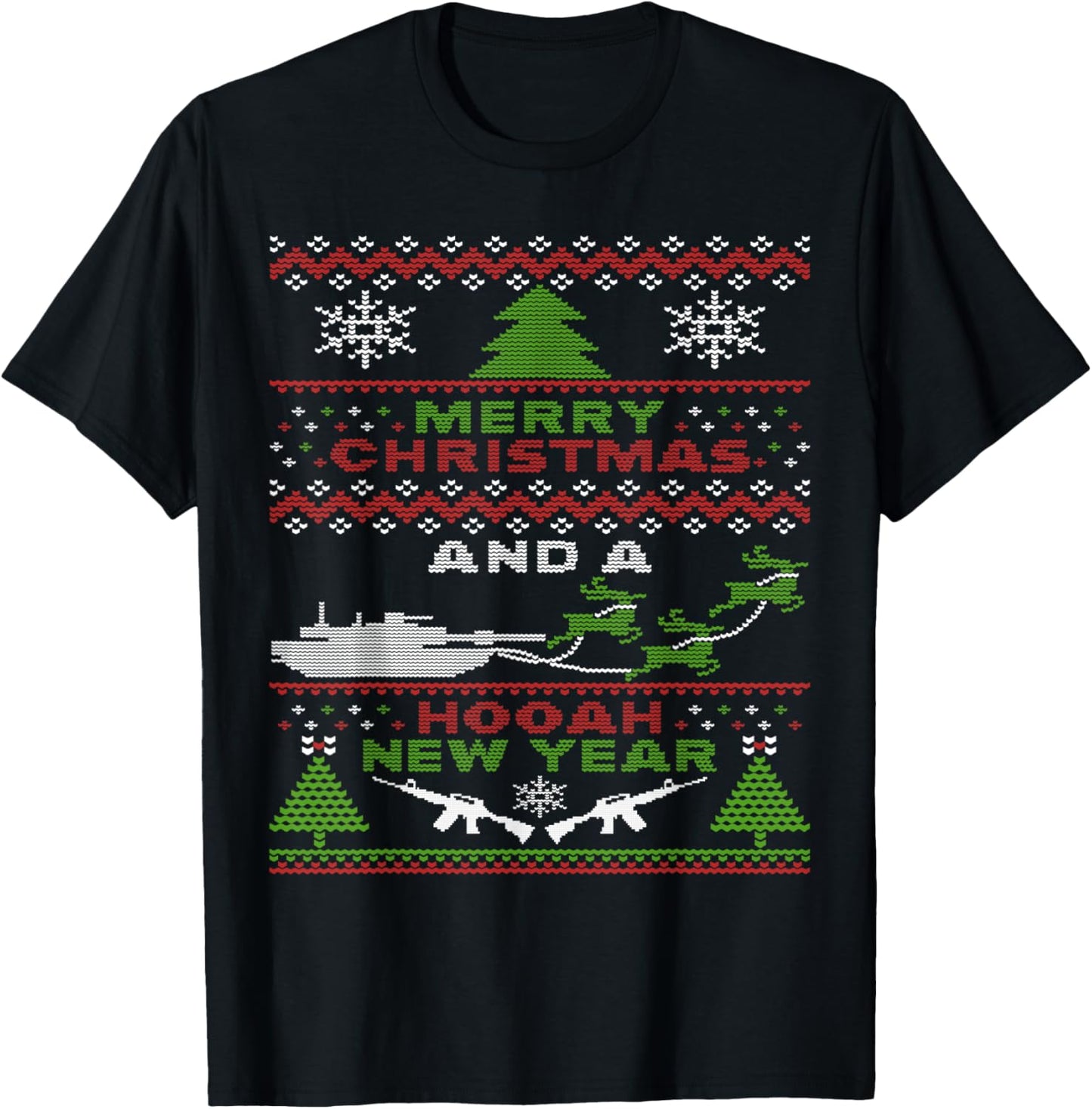 Military Ugly Christmas Sweater Tanks Guns Hooah T-Shirt - T-Shirt | Black