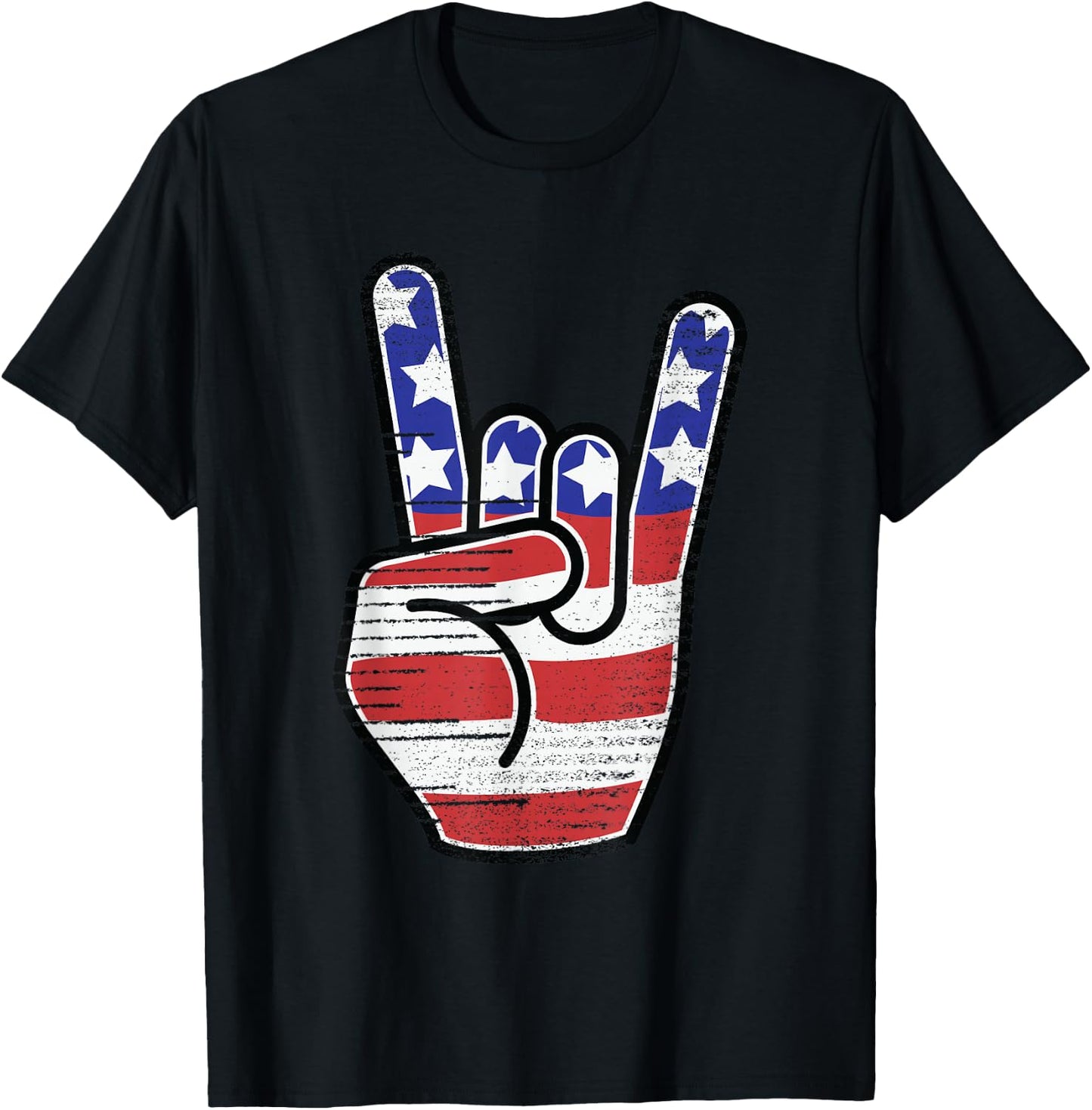 Rock n Roll Shirt USA Flag Horns Sign Retro Concert Band T-Shirt - T-Shirt | Black