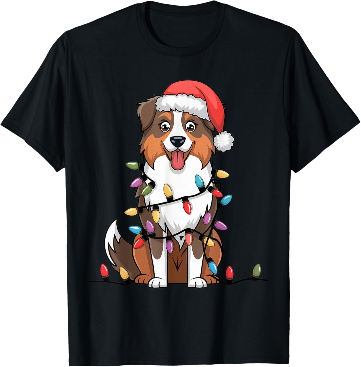 Australian Shepherd Christmas Lights Xmas Dogs Gifts T-Shirt - T-Shirt | Black