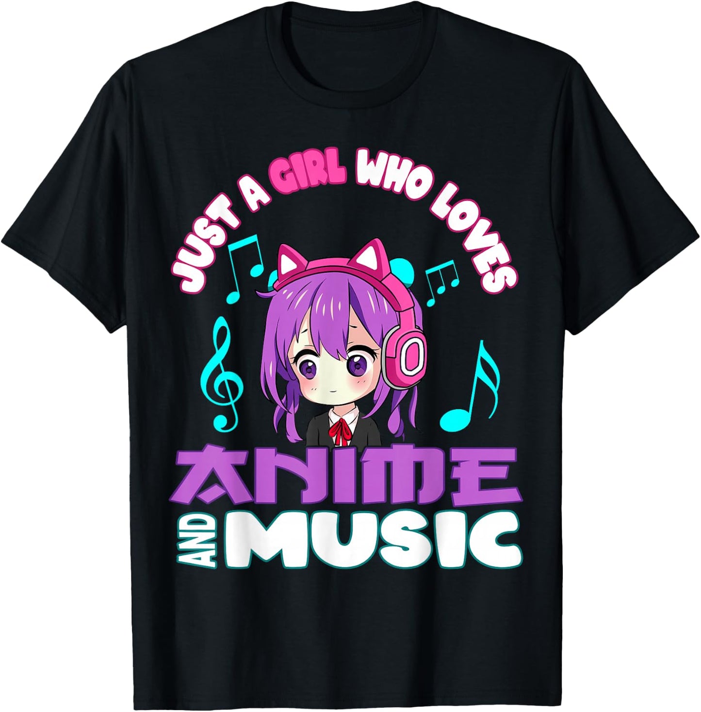 Anime and Music Girl for Teen cute chibi graphic T-Shirt - T-Shirt | Black