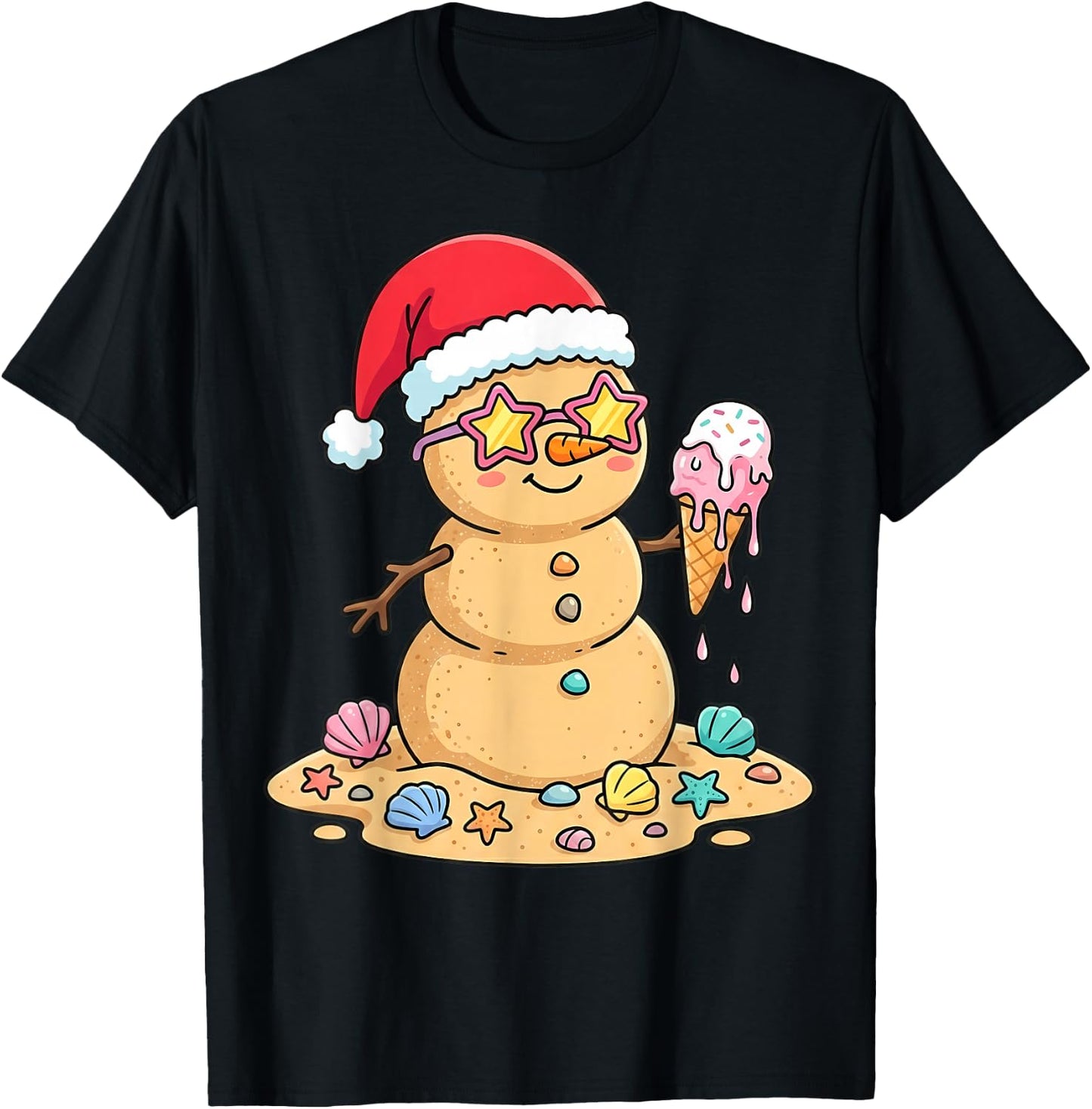 Cute Sand Snowman Santa Hat Christmas in July T-Shirt - T-Shirt | Black