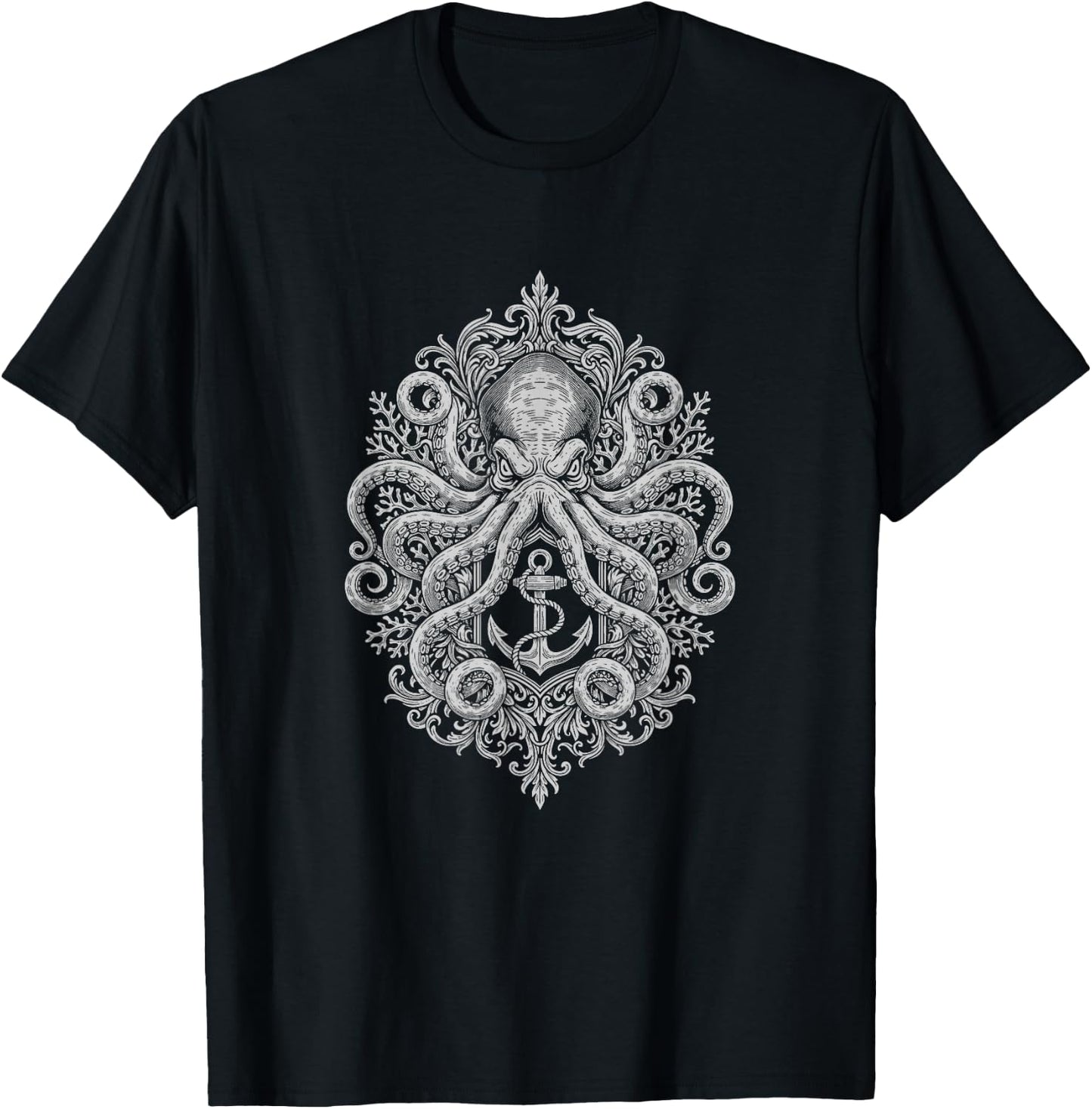 Ornamental Octopus Dark Art Mystical Emblem Captain Sailor T-Shirt - T-Shirt | Black