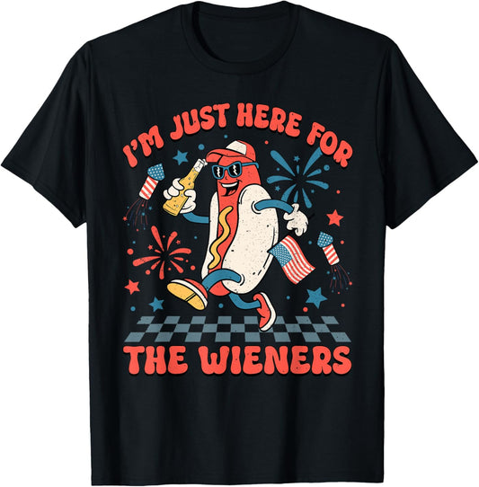 Just Here For The Wieners 4th Of July Patriotic Men Women T-Shirt - T-Shirt | Black