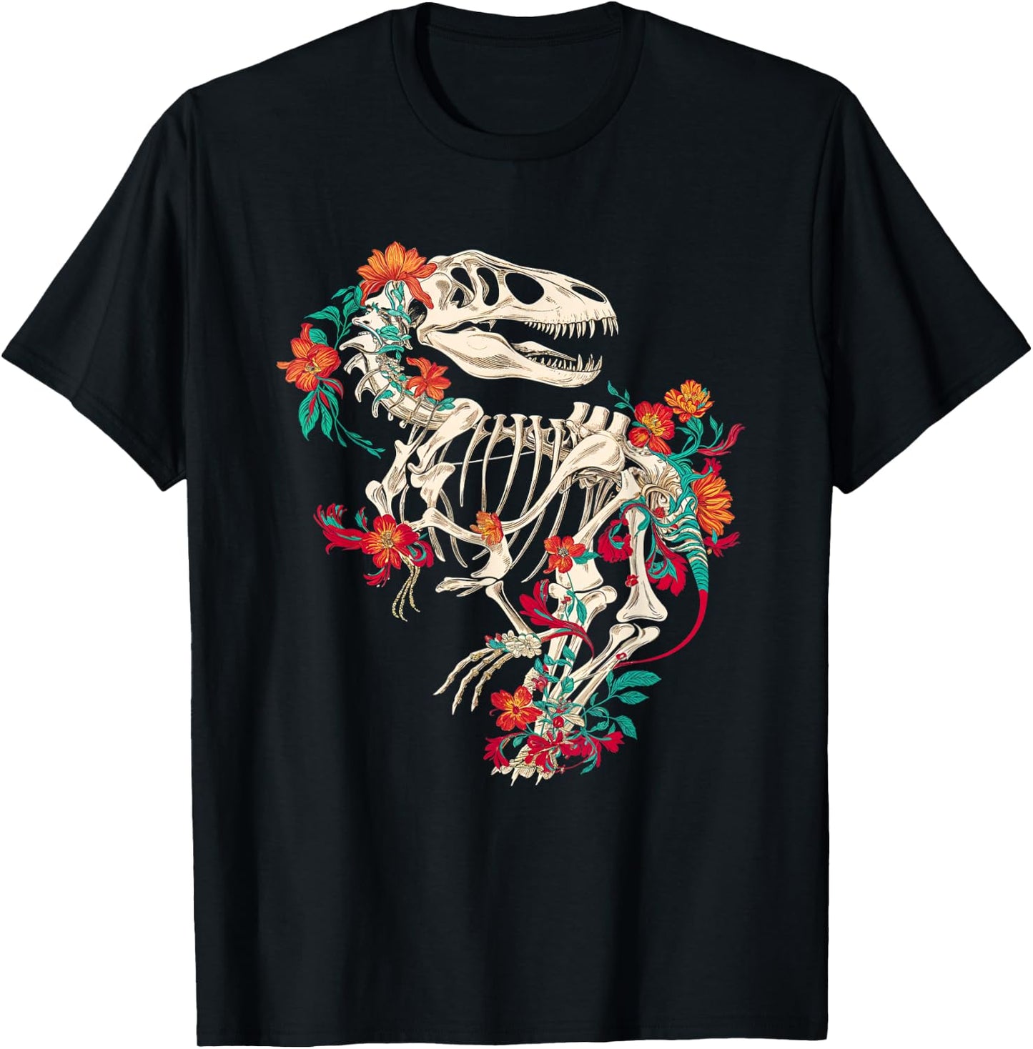 Rex Skeleton Floral Dino Bones Paleontology Dinosaur T-Shirt - T-Shirt | Black