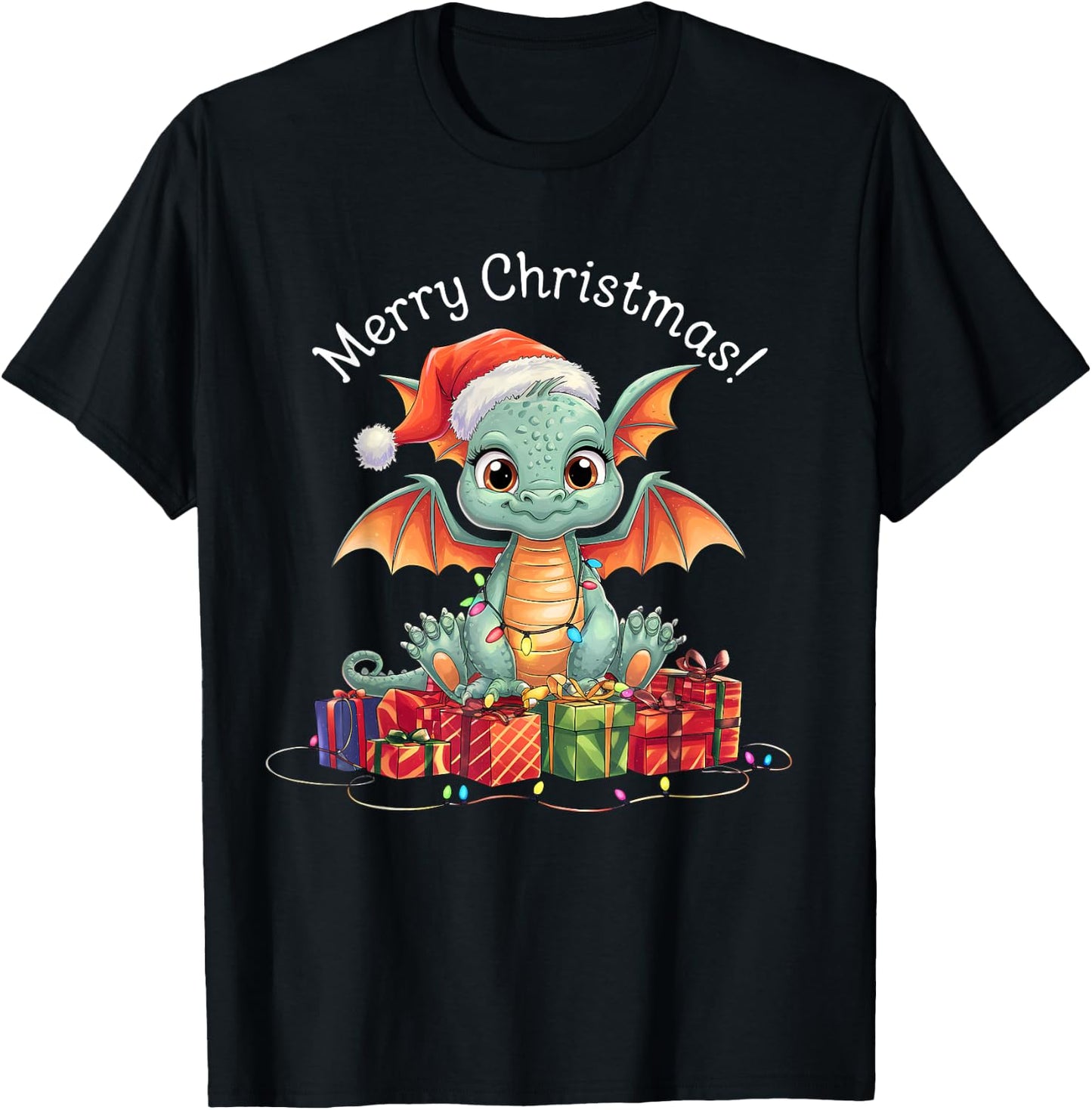 Dragon Christmas Sweater Dragon Fairy Lights cute funny T-Shirt - T-Shirt | Black