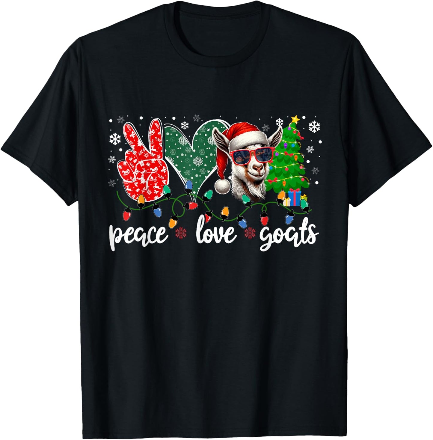 Peace Love Goats Funny Goat Santa Hat Sunglasses Xmas Tree T-Shirt - T-Shirt | Black