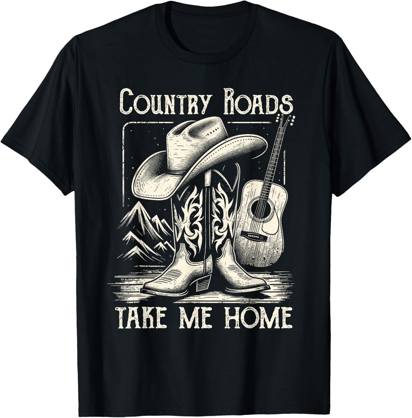 Country Roads Take Me Home Cowboy Western Virginia Retro T-Shirt - T-Shirt | Black