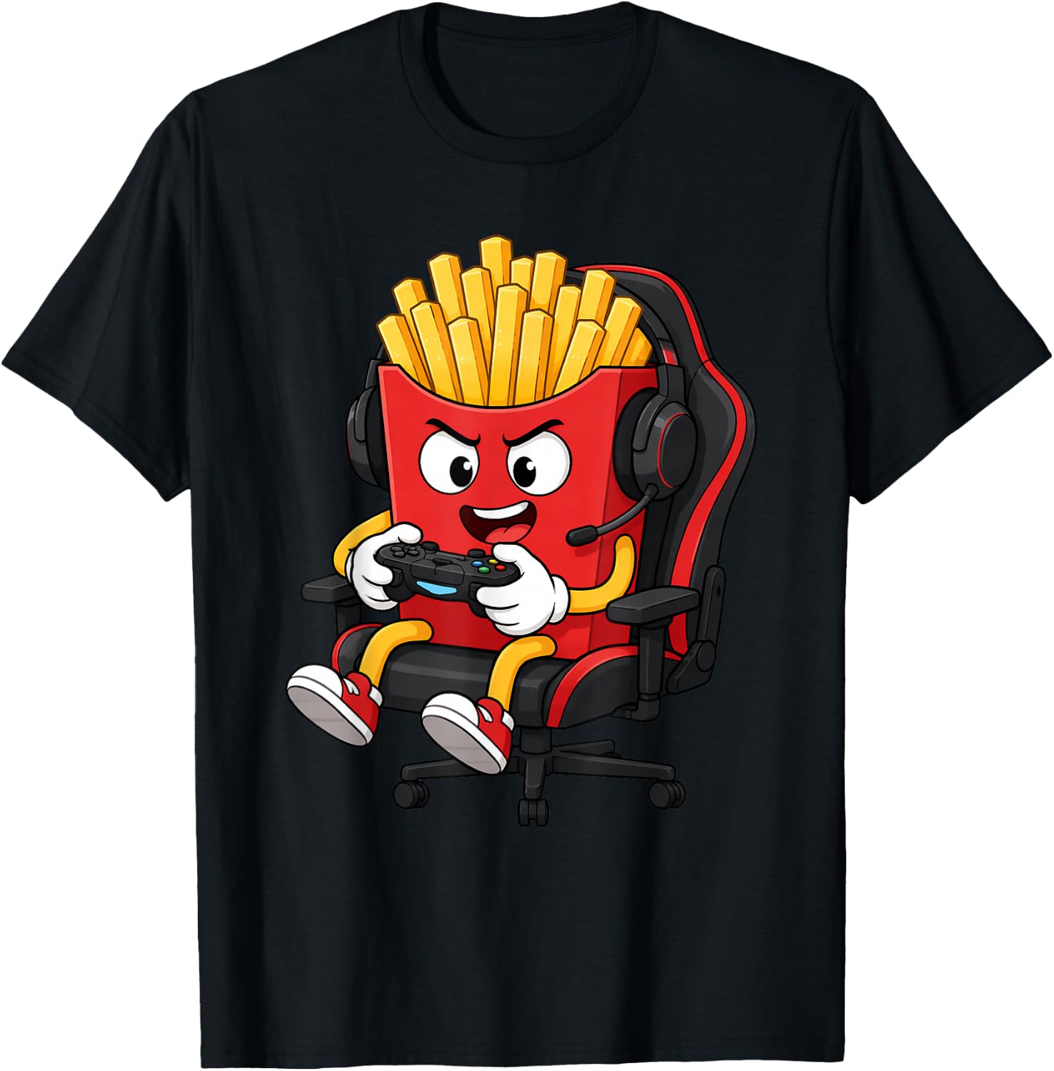 Fries Playing Video Games Funny Fast Food Kids Gamer Gears T-Shirt - T-Shirt | Black