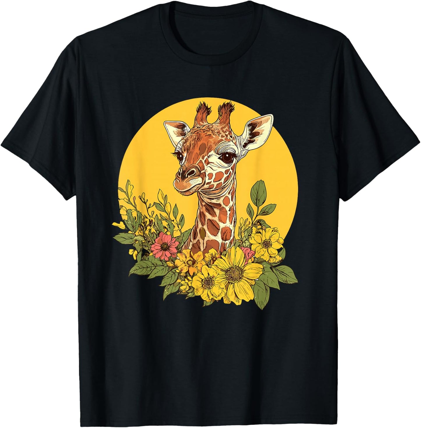 Charming Giraffe Surrounded By Flowers T-Shirt - T-Shirt | Black