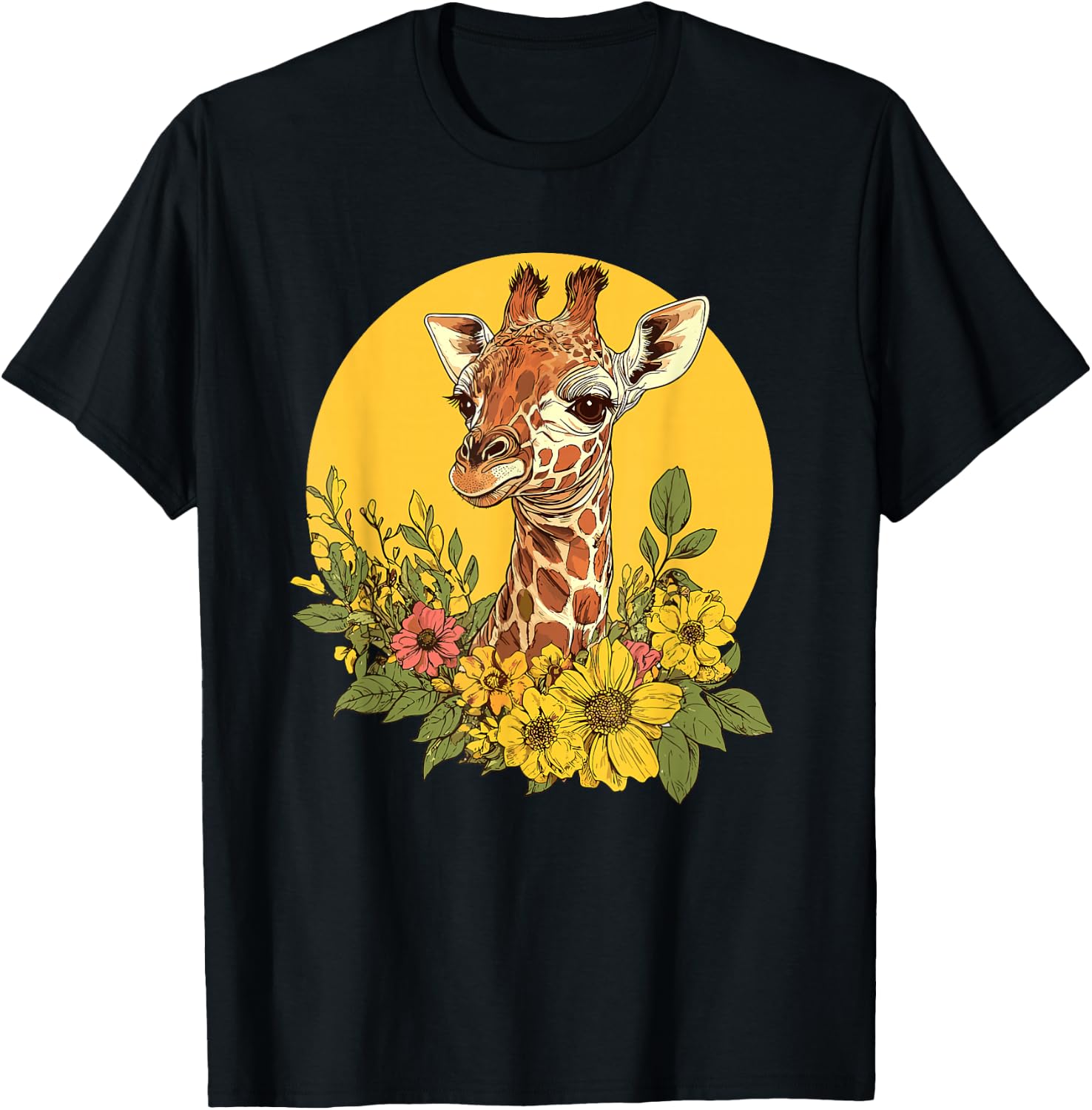 Charming Giraffe Surrounded By Flowers T-Shirt - T-Shirt | Black