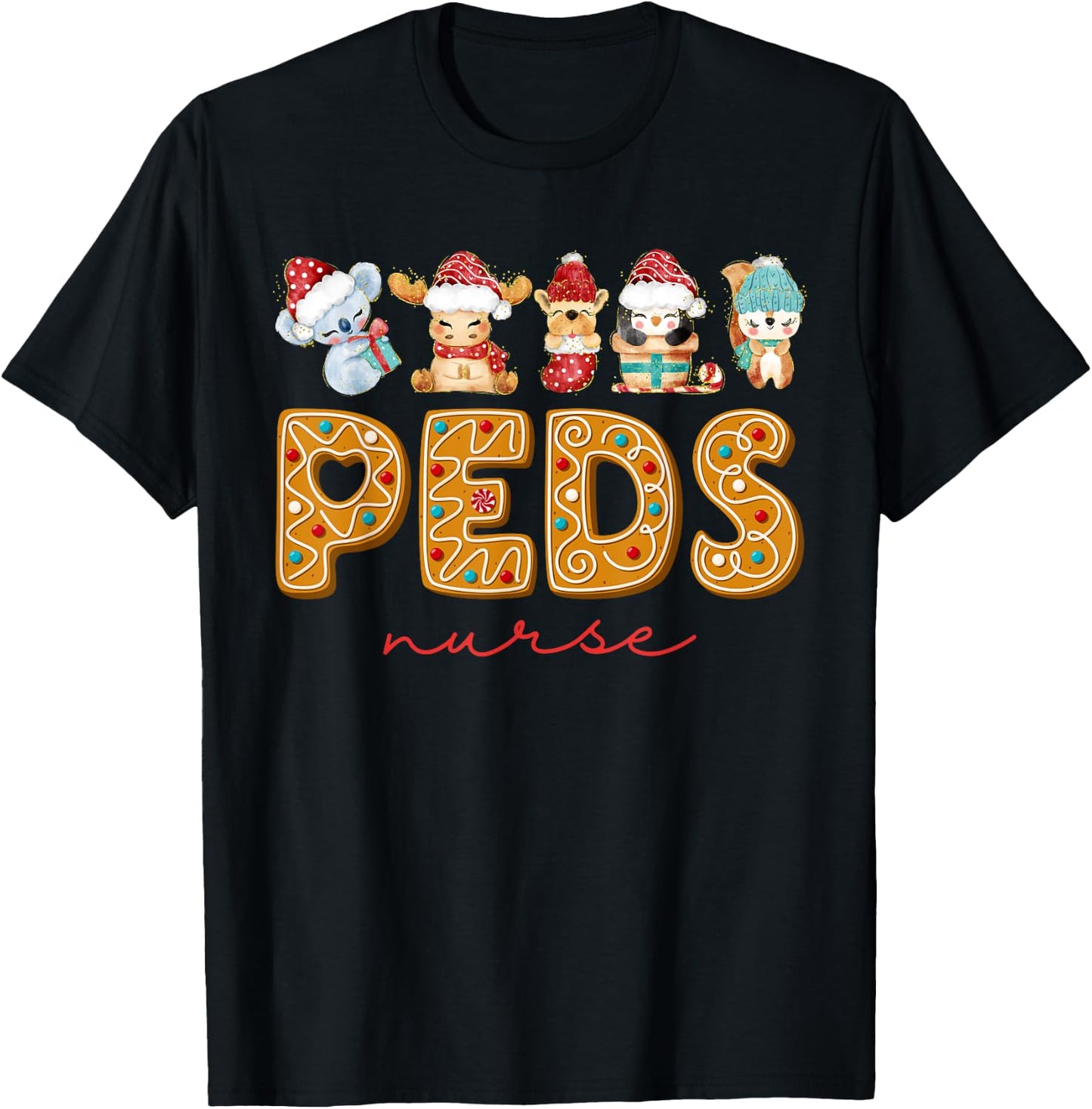 PEDS Nurse Cute Animals Cookies Pediatric Nurse Christmas T-Shirt - T-Shirt | Black