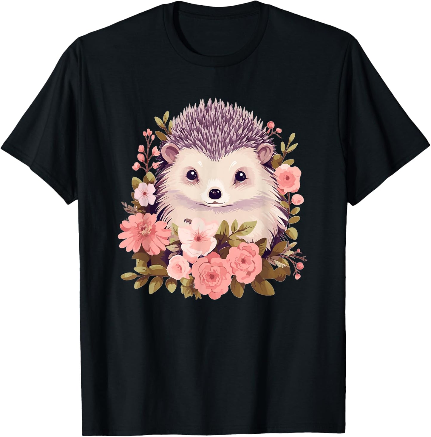 Cute Hedgehog with Flowers I Hedgehog T-Shirt - T-Shirt | Black