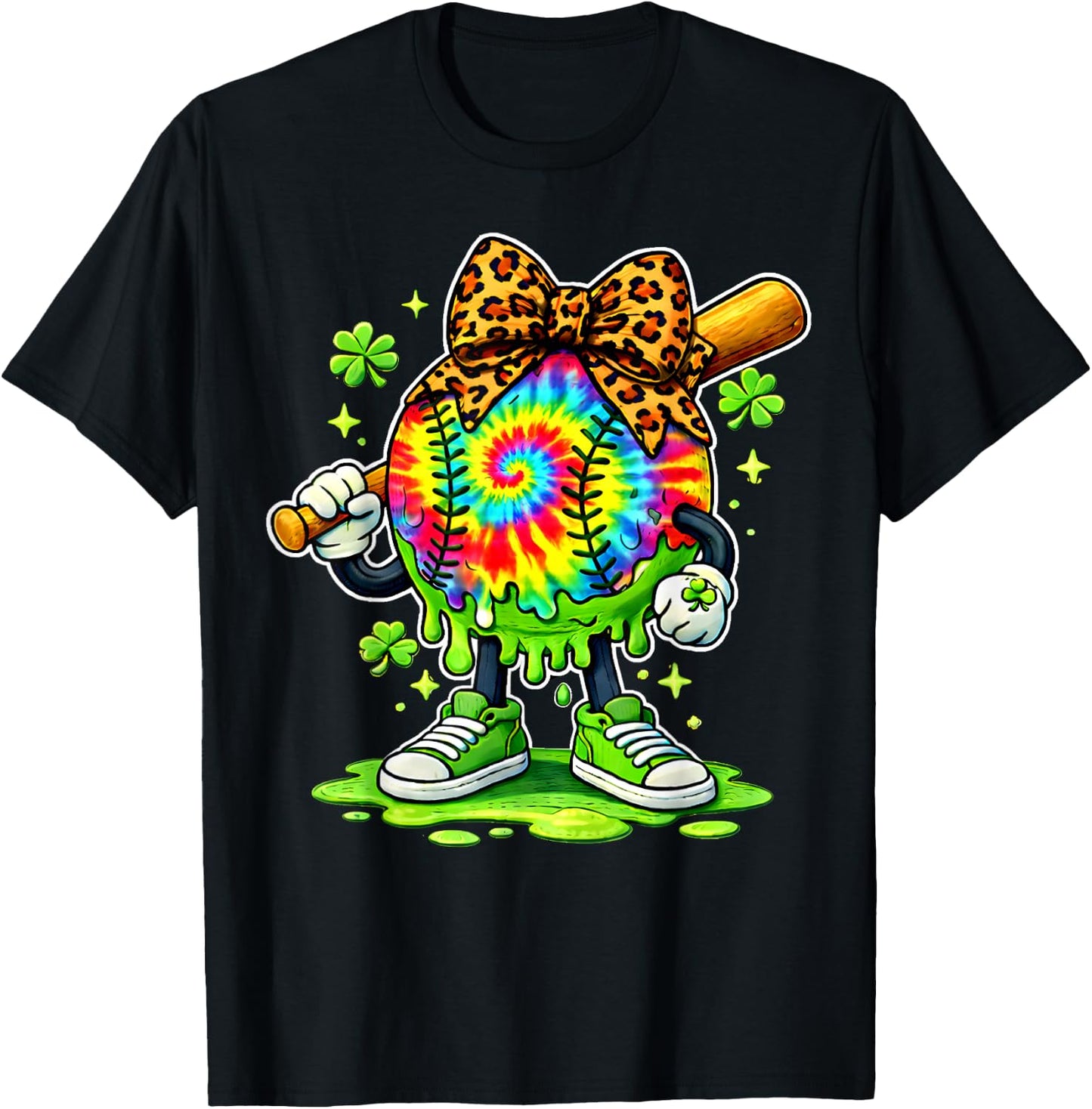 Lucky Tie Dye Softball with Leopard Bow St. Patrick’s Day T-Shirt - T-Shirt | Black