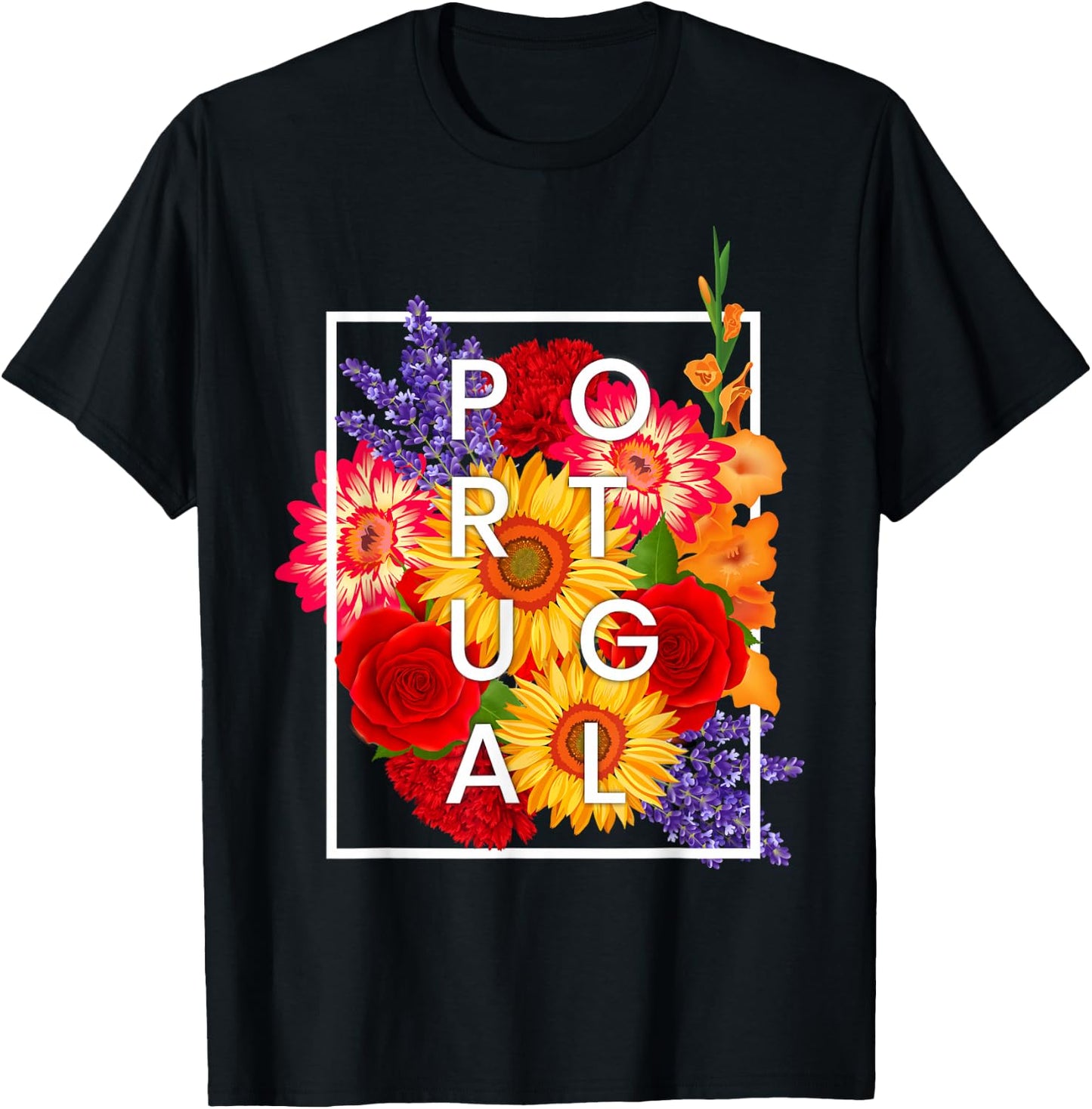 Flowers of Portugal Word Art - Portuguese Pride T-Shirt - T-Shirt | Black