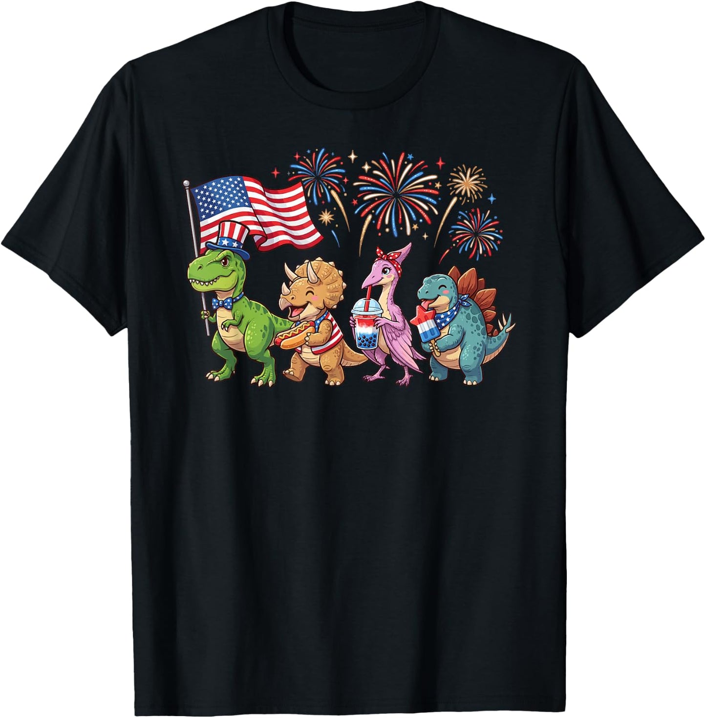 Patriotic Dinosaurs Fireworks T-Rex Triceratops 4th of July T-Shirt - T-Shirt | Black